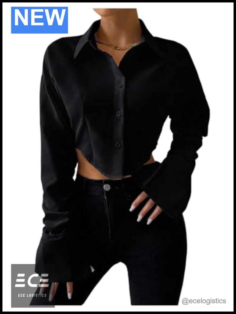 Women's Cropped Button Down Shirt Bell Sleeve Collared Blouse